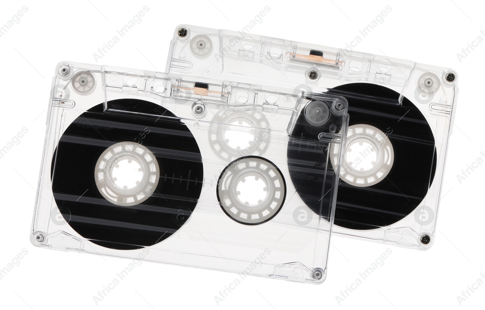 Audio cassettes with magnetic tapes isolated on white Photo of Audio cassettes with magnetic tapes isolated on white