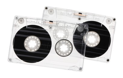 Photo of Audio cassettes with magnetic tapes isolated on white