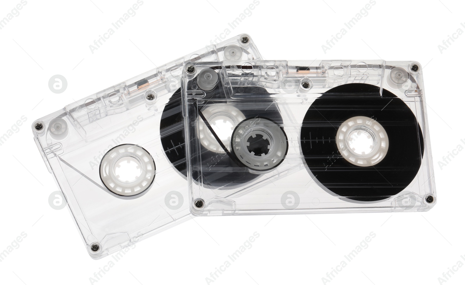 Audio cassettes with magnetic tapes isolated on white Photo of Audio cassettes with magnetic tapes isolated on white