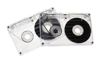 Photo of Audio cassettes with magnetic tapes isolated on white