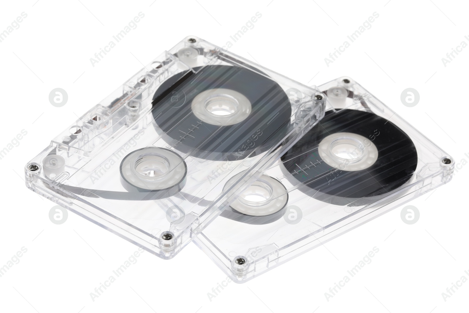 Audio cassettes with magnetic tapes isolated on white Photo of Audio cassettes with magnetic tapes isolated on white