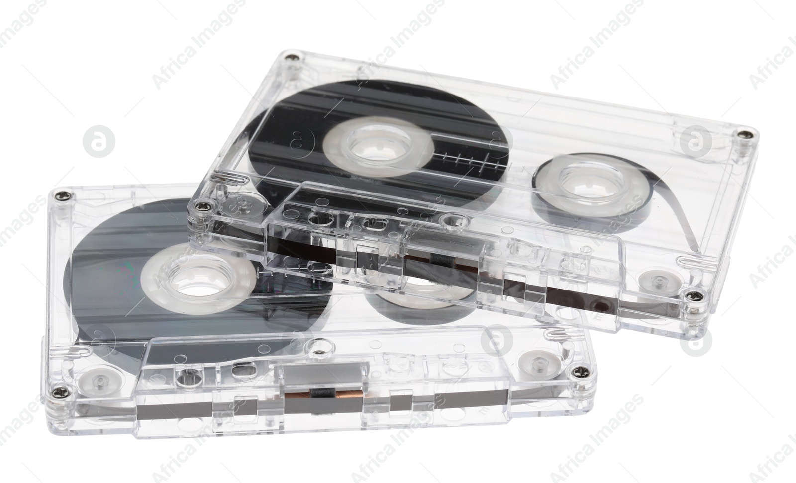 Audio cassettes with magnetic tapes isolated on white Photo of Audio cassettes with magnetic tapes isolated on white