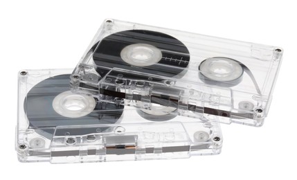 Photo of Audio cassettes with magnetic tapes isolated on white