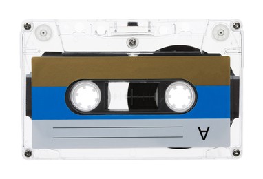 Photo of One audio cassette with blank label isolated on white