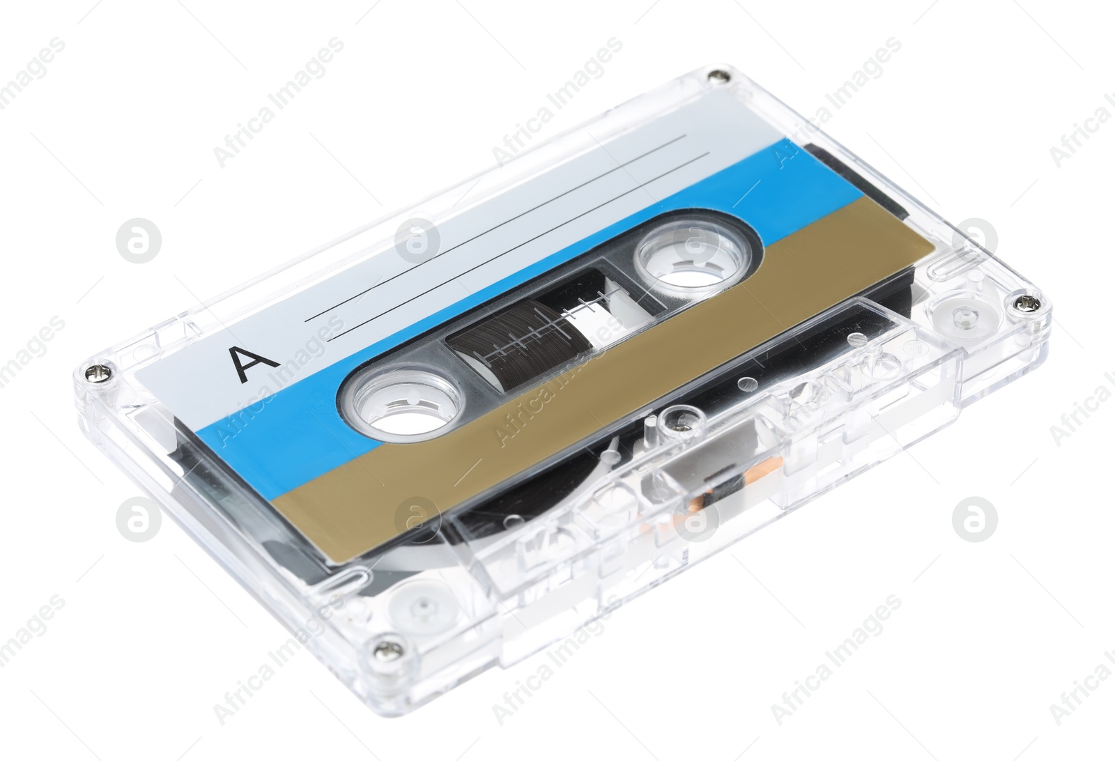 One audio cassette with blank label isolated on white Photo of One audio cassette with blank label isolated on white