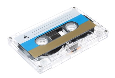 Photo of One audio cassette with blank label isolated on white