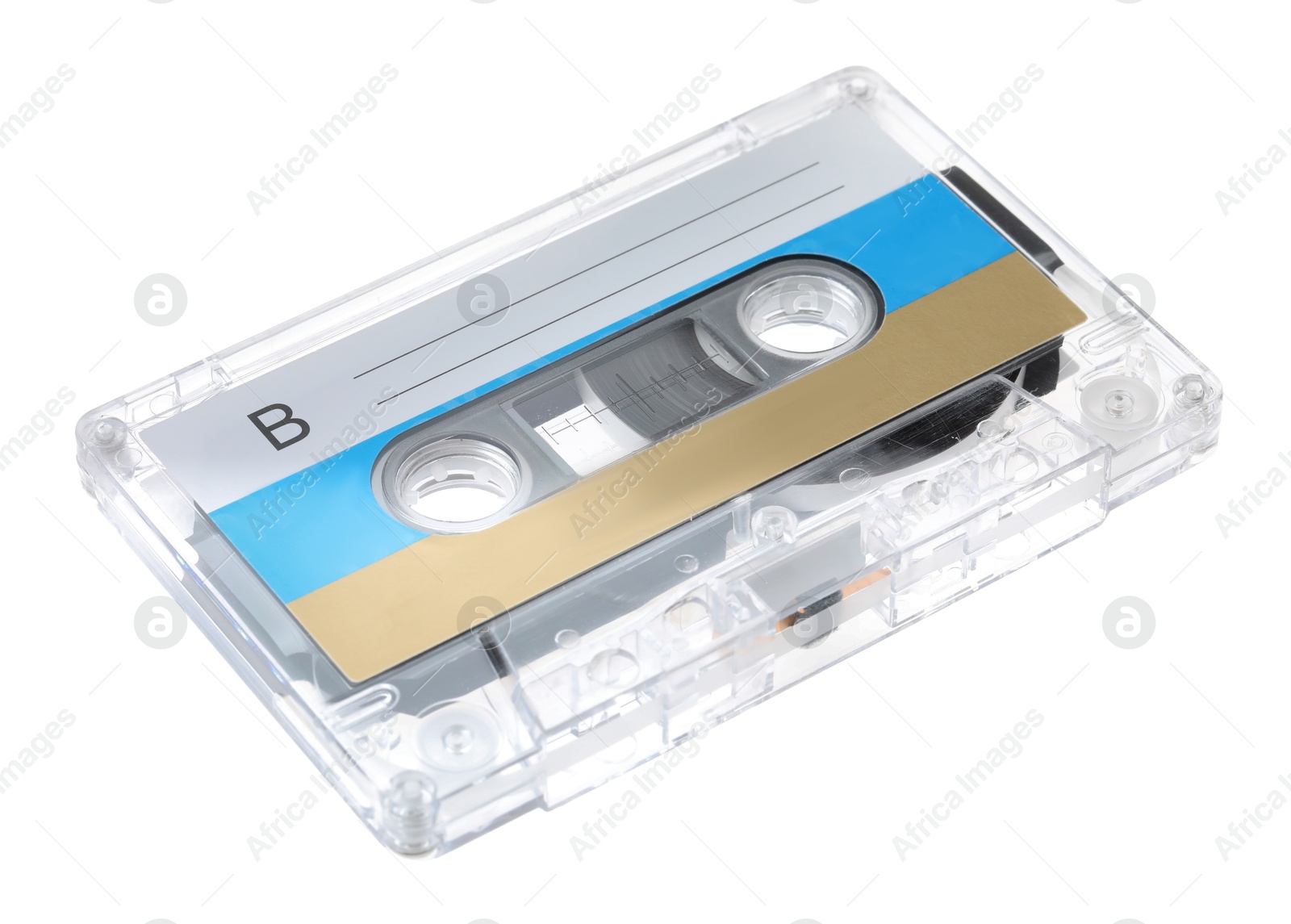 One audio cassette with blank label isolated on white Photo of One audio cassette with blank label isolated on white