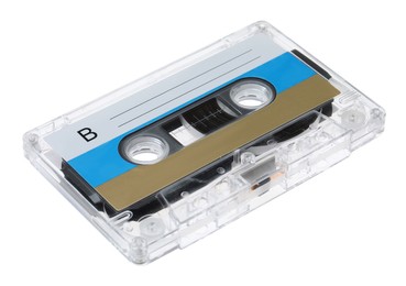 Photo of One audio cassette with blank label isolated on white
