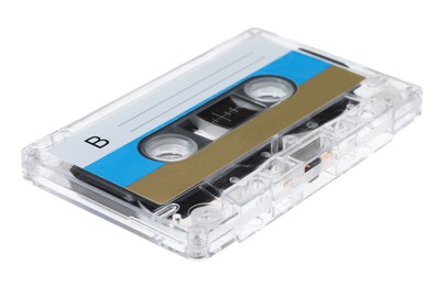 Photo of One audio cassette with blank label isolated on white
