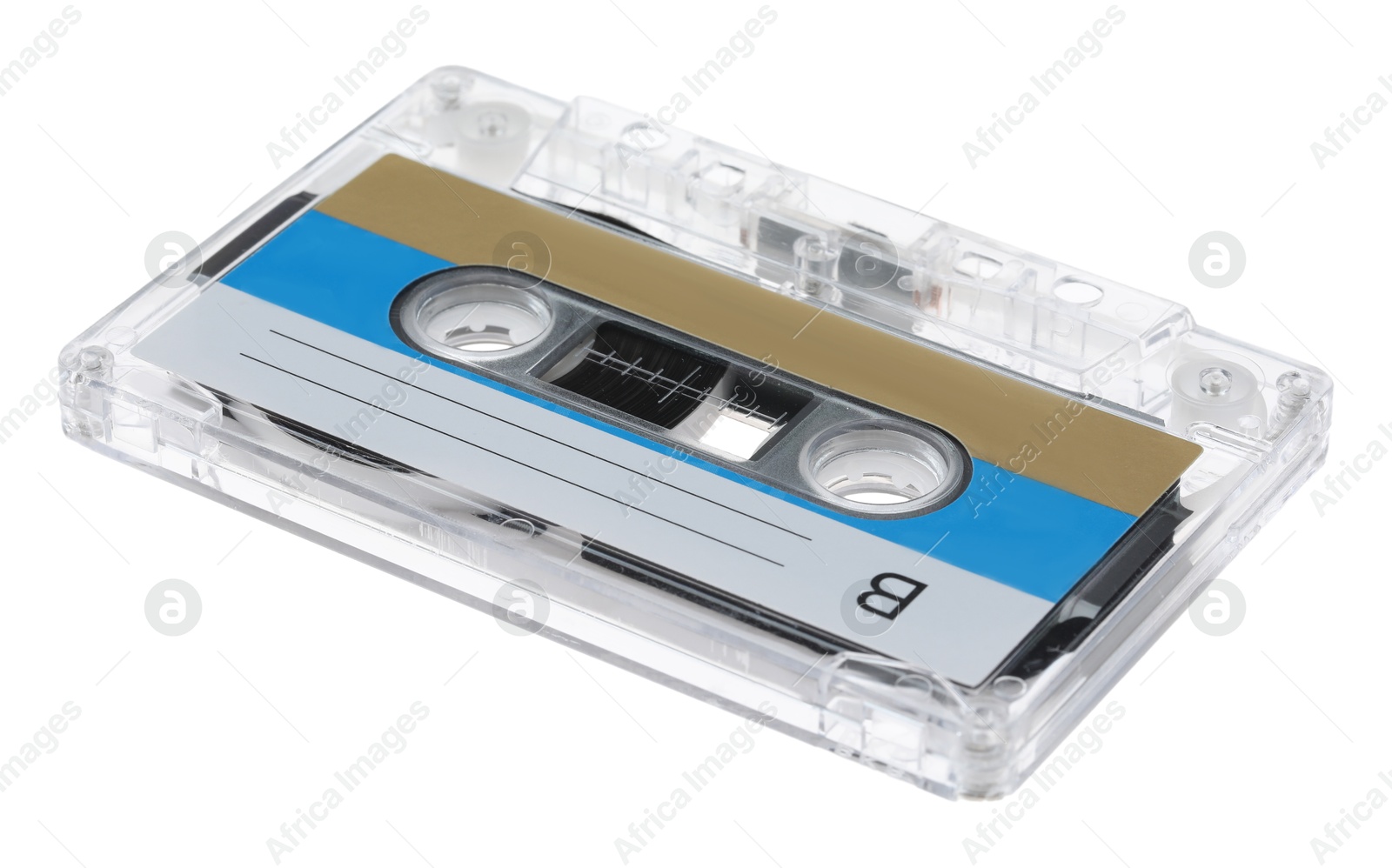 One audio cassette with blank label isolated on white Photo of One audio cassette with blank label isolated on white