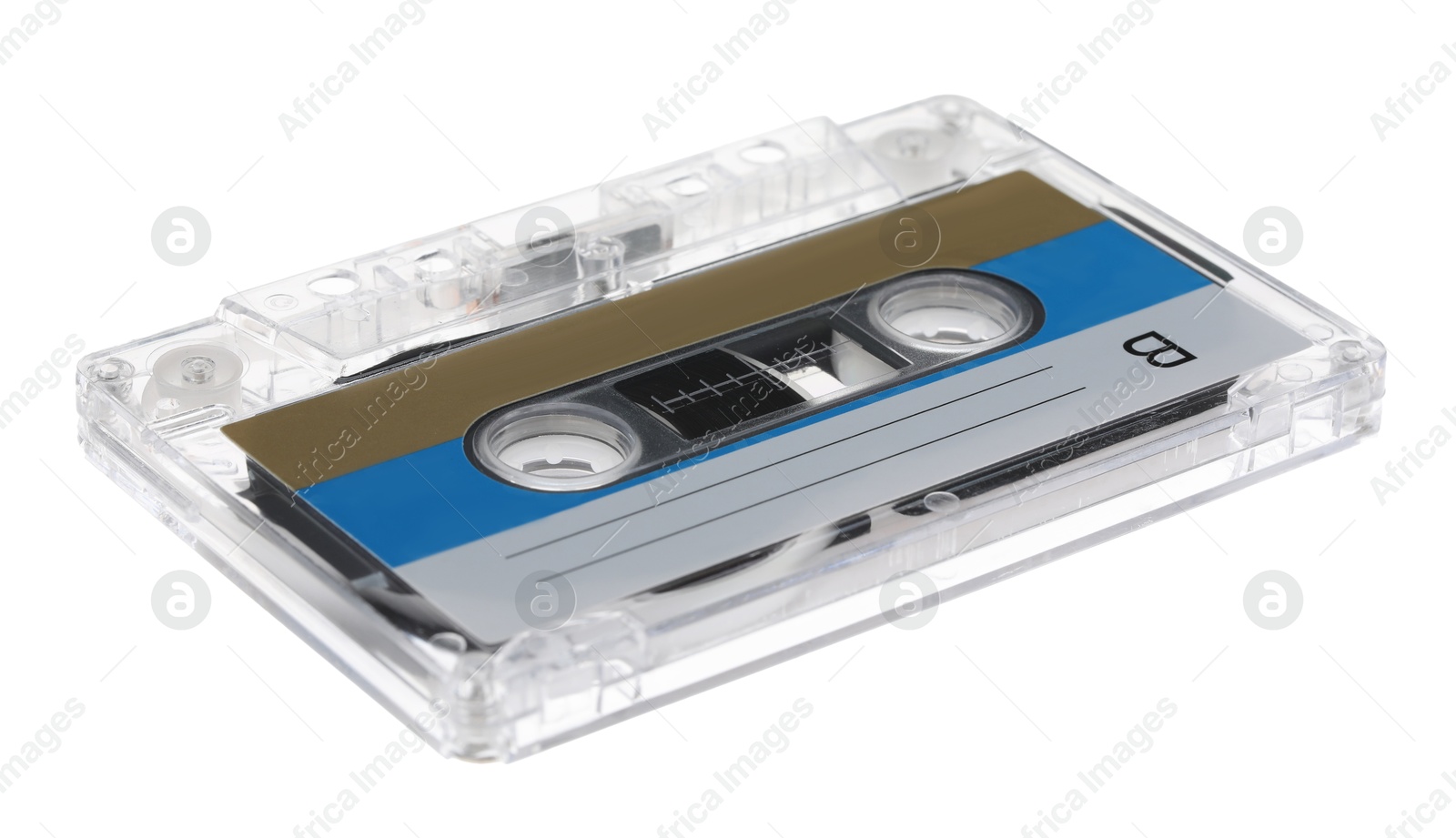 One audio cassette with blank label isolated on white Photo of One audio cassette with blank label isolated on white
