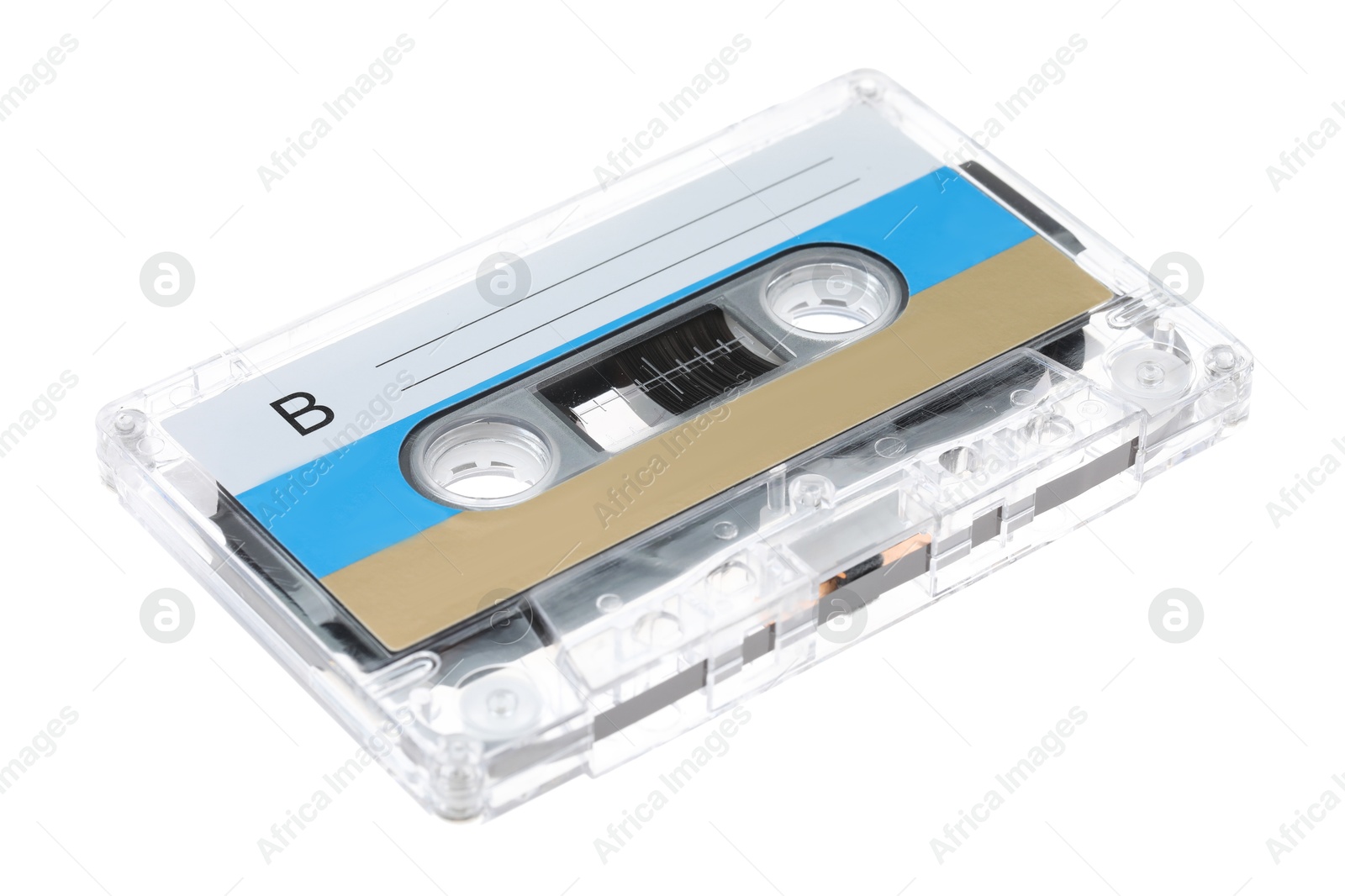 One audio cassette with blank label isolated on white Photo of One audio cassette with blank label isolated on white