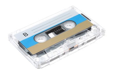 Photo of One audio cassette with blank label isolated on white