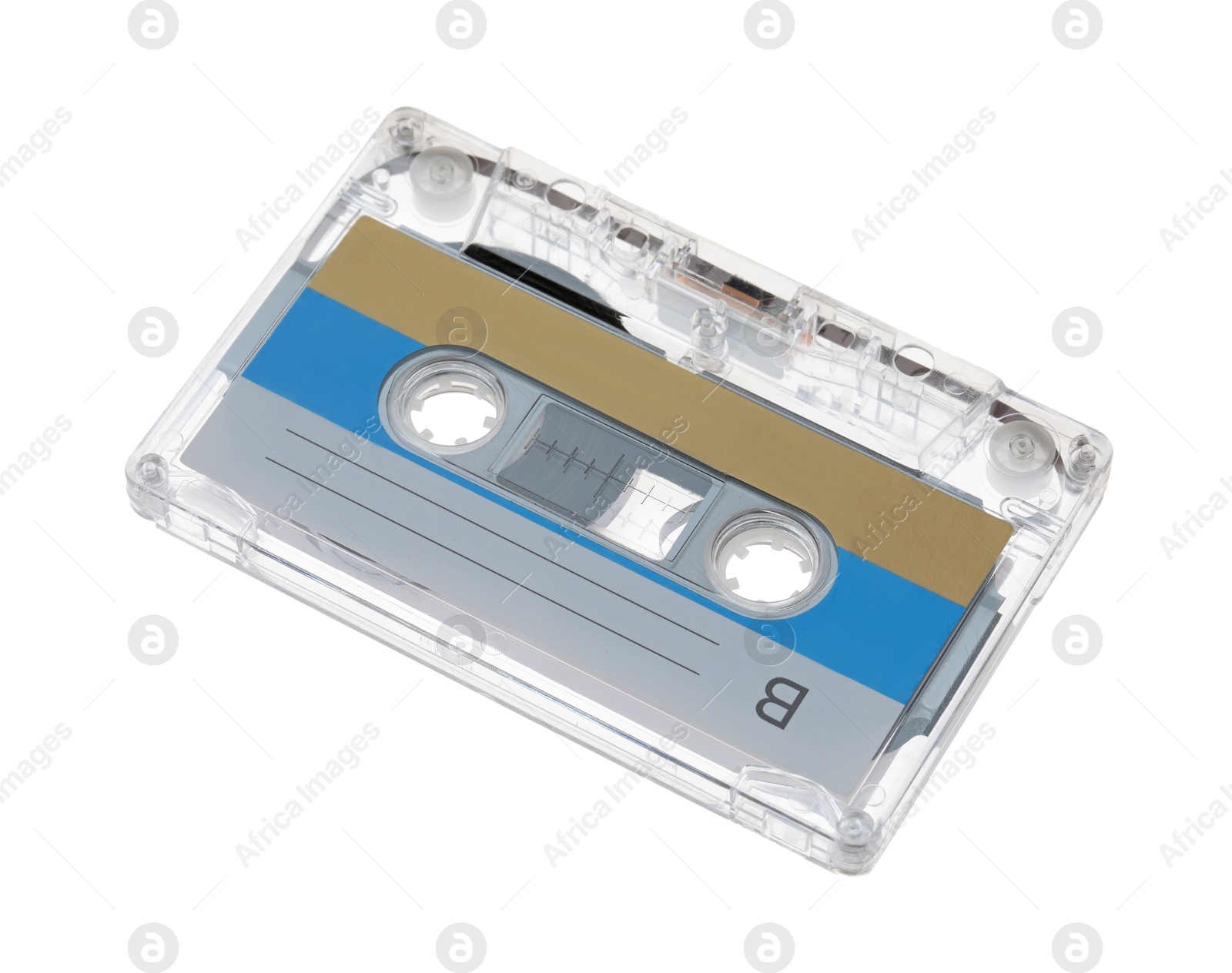 One audio cassette with blank label isolated on white Photo of One audio cassette with blank label isolated on white