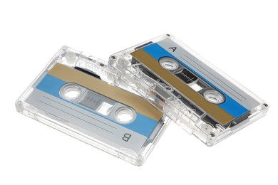 Photo of Audio cassettes with blank labels isolated on white