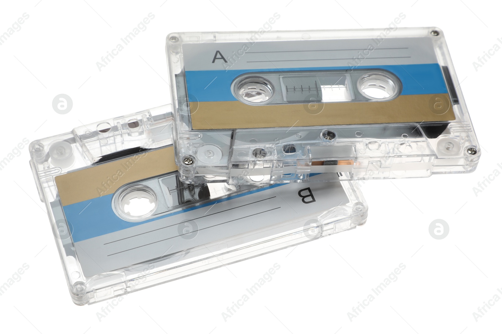 Audio cassettes with blank labels isolated on white Photo of Audio cassettes with blank labels isolated on white