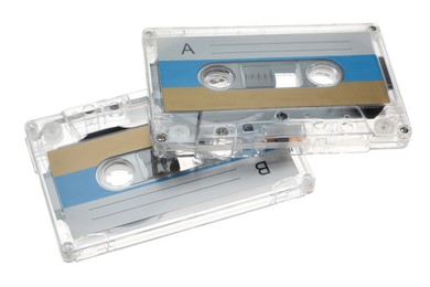Photo of Audio cassettes with blank labels isolated on white