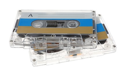 Photo of Audio cassettes with blank labels isolated on white