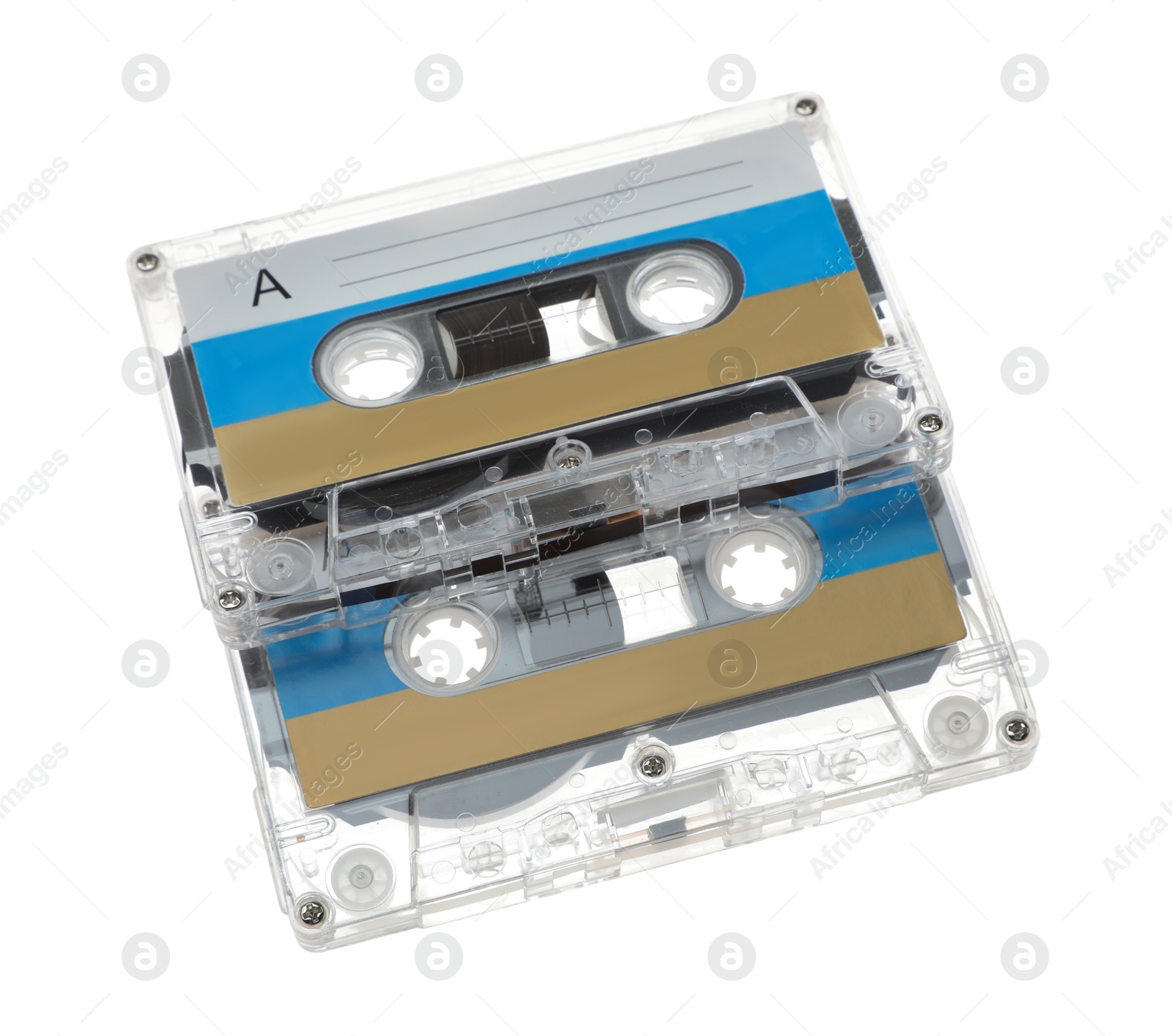 Audio cassettes with blank labels isolated on white Photo of Audio cassettes with blank labels isolated on white