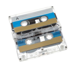 Photo of Audio cassettes with blank labels isolated on white