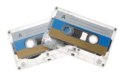 Photo of Audio cassettes with blank labels isolated on white