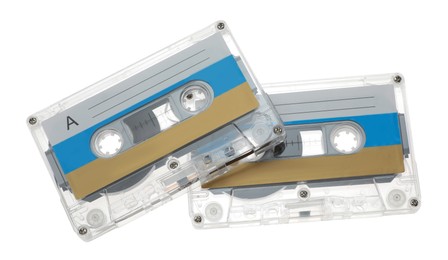 Photo of Audio cassettes with blank labels isolated on white