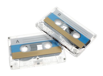 Photo of Audio cassettes with blank labels isolated on white