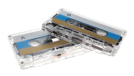 Photo of Audio cassettes with blank labels isolated on white