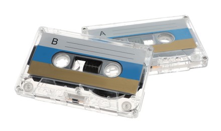 Photo of Audio cassettes with blank labels isolated on white