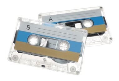 Photo of Audio cassettes with blank labels isolated on white