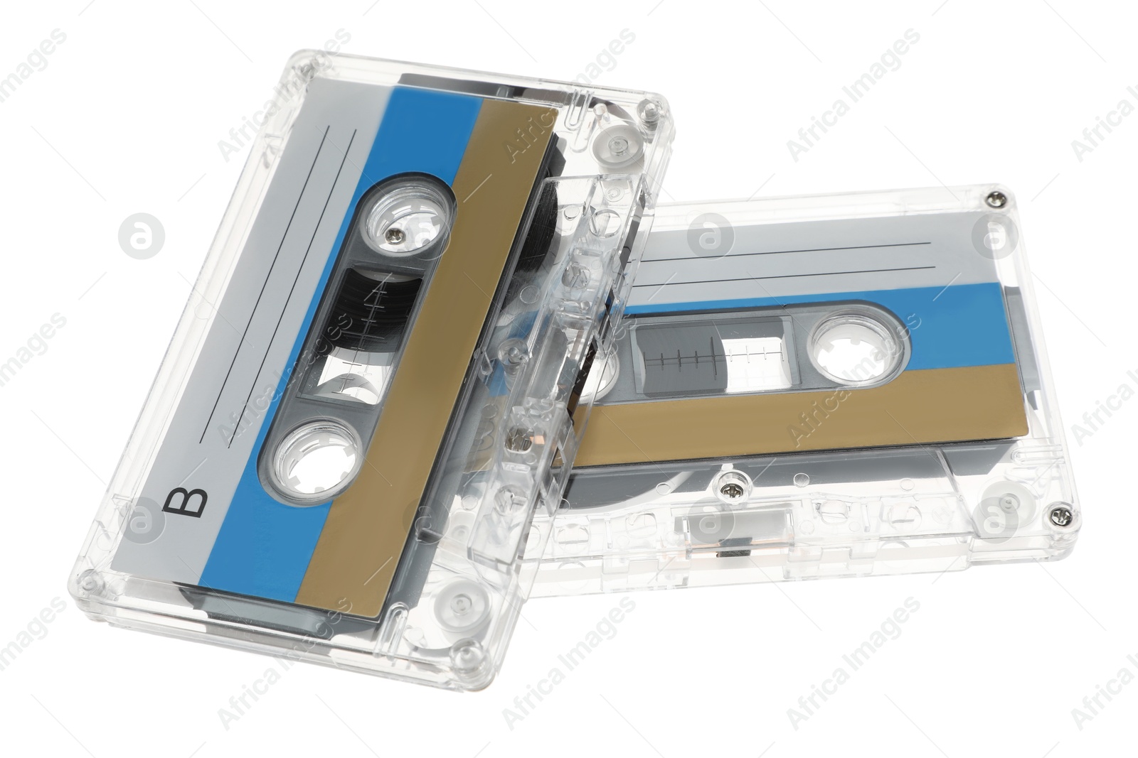 Audio cassettes with blank labels isolated on white Photo of Audio cassettes with blank labels isolated on white