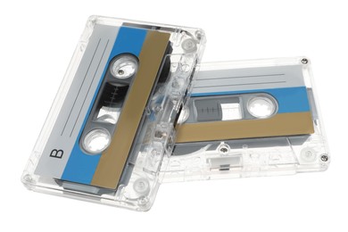 Photo of Audio cassettes with blank labels isolated on white