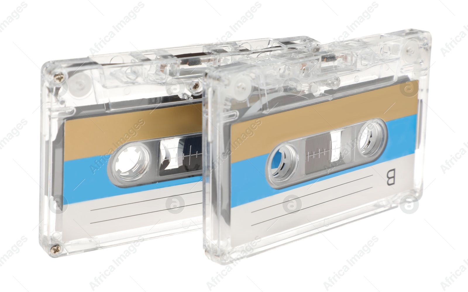 Audio cassettes with blank labels isolated on white Photo of Audio cassettes with blank labels isolated on white