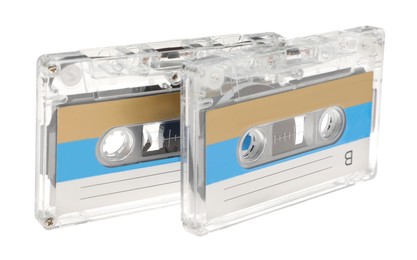 Photo of Audio cassettes with blank labels isolated on white