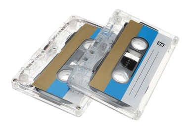 Photo of Audio cassettes with blank labels isolated on white