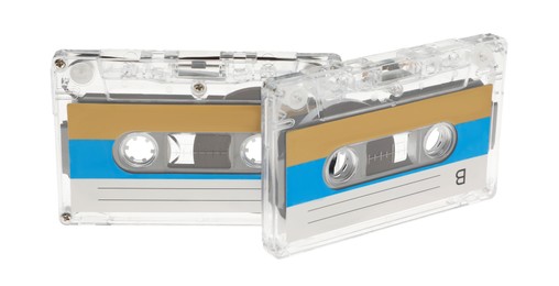 Photo of Audio cassettes with blank labels isolated on white