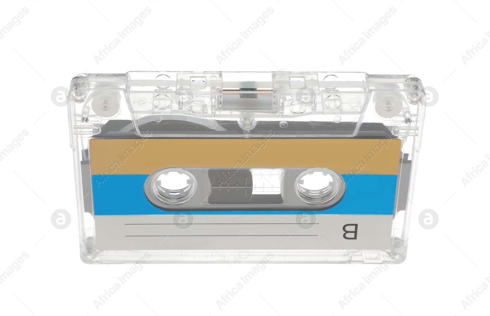 One audio cassette with blank label isolated on white Photo of One audio cassette with blank label isolated on white