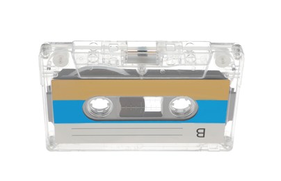 Photo of One audio cassette with blank label isolated on white