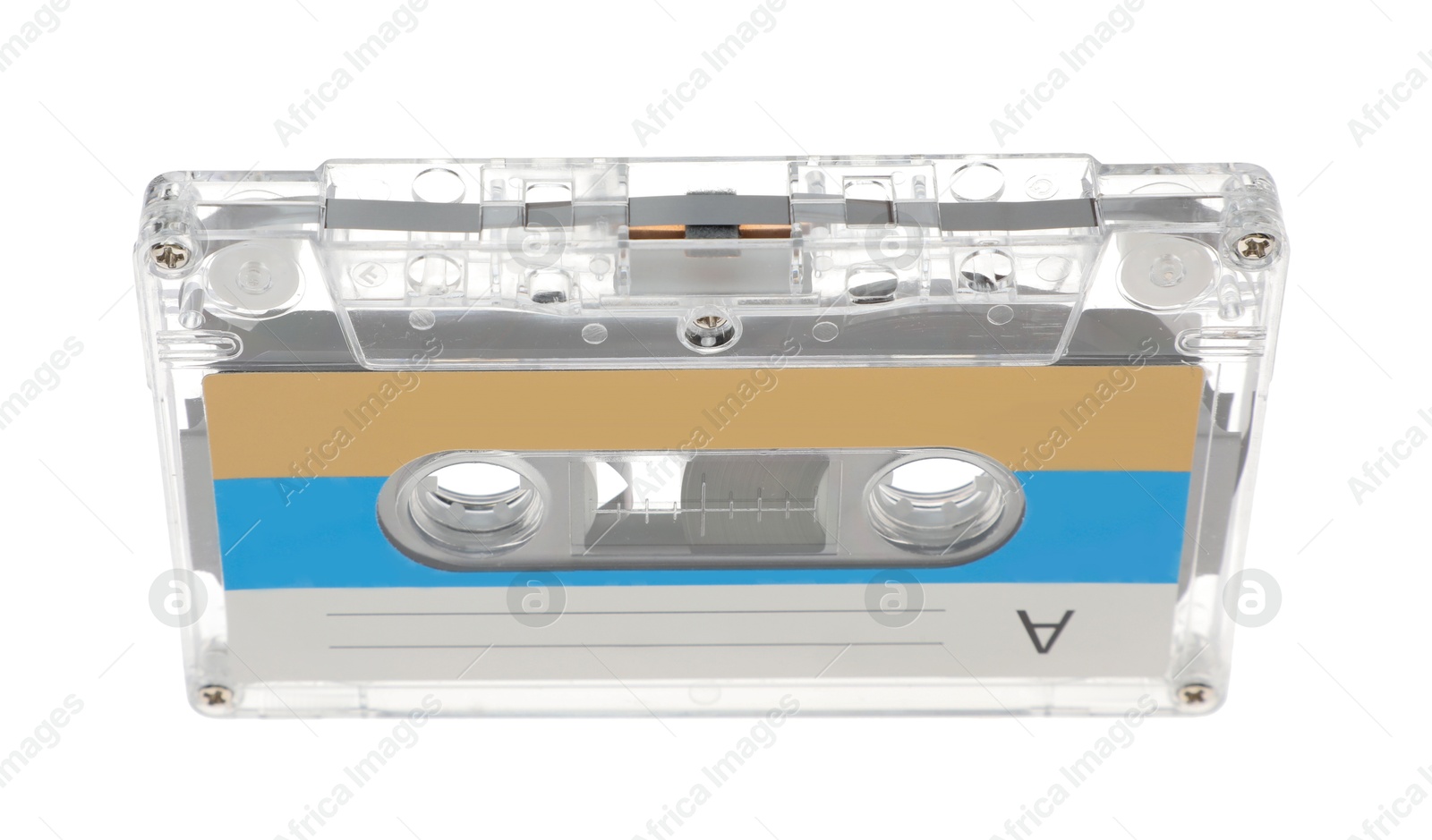 One audio cassette with blank label isolated on white Photo of One audio cassette with blank label isolated on white