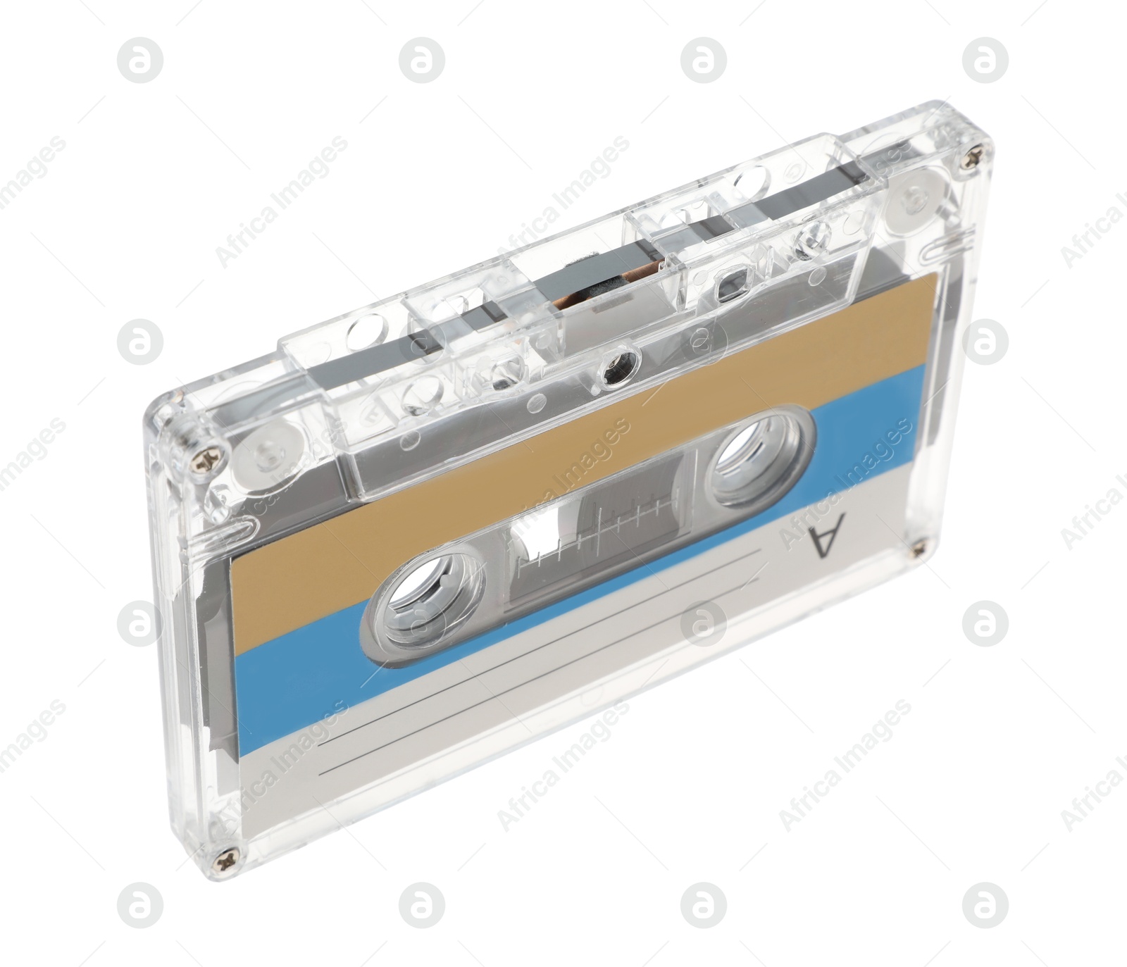 One audio cassette with blank label isolated on white Photo of One audio cassette with blank label isolated on white