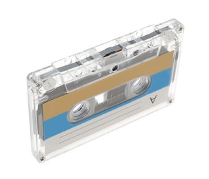 Photo of One audio cassette with blank label isolated on white