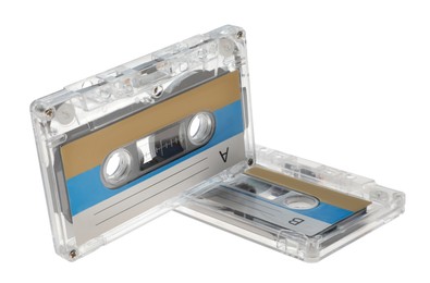 Photo of Audio cassettes with blank labels isolated on white