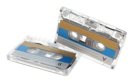 Photo of Audio cassettes with blank labels isolated on white