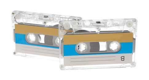 Photo of Audio cassettes with blank labels isolated on white