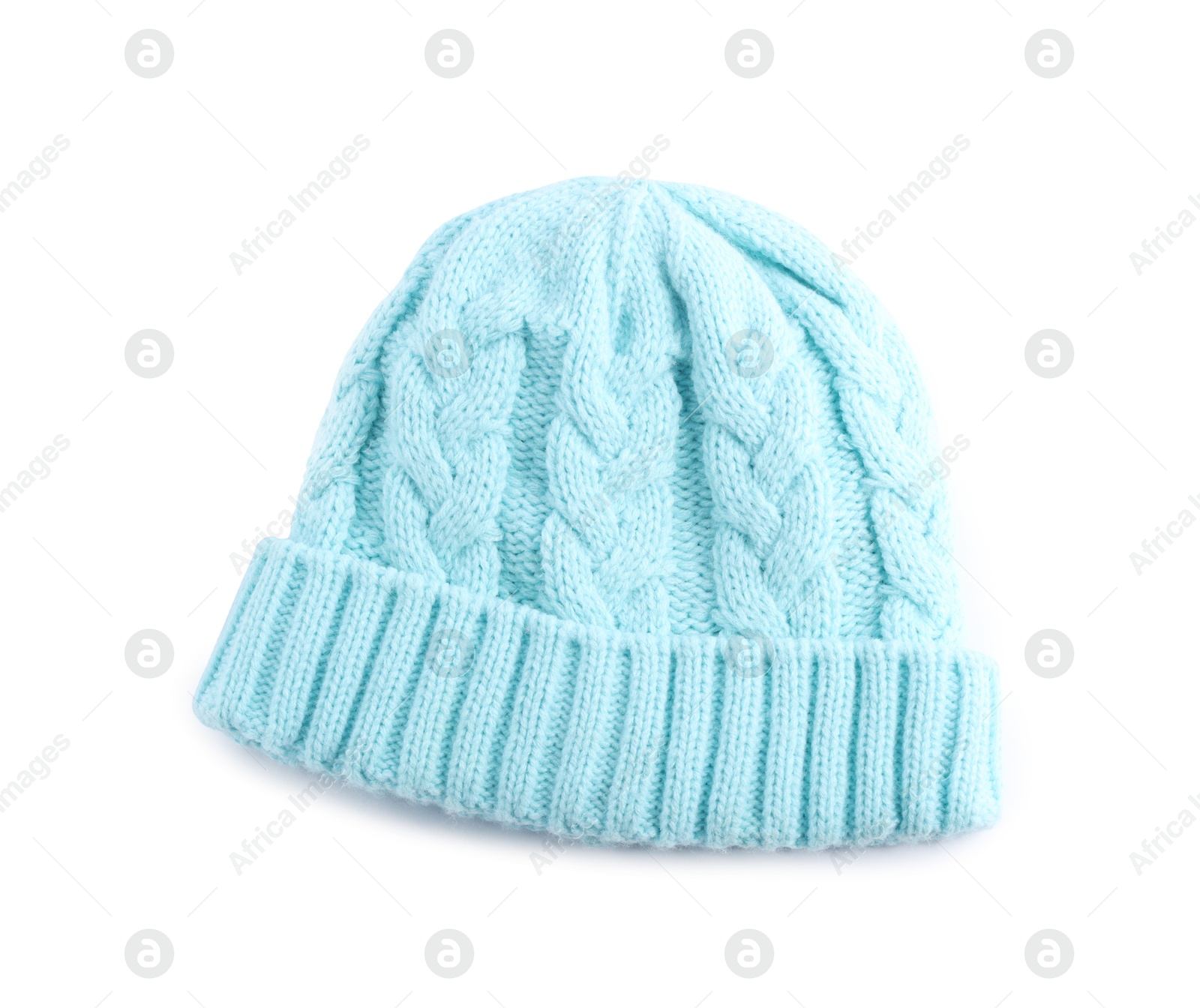 Light blue wool hat isolated on white, top view Photo of Light blue wool hat isolated on white, top view