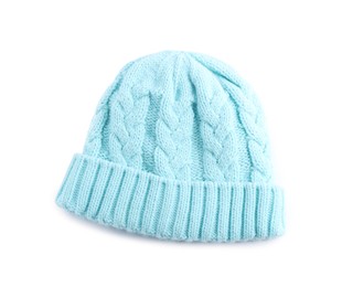 Photo of Light blue wool hat isolated on white, top view