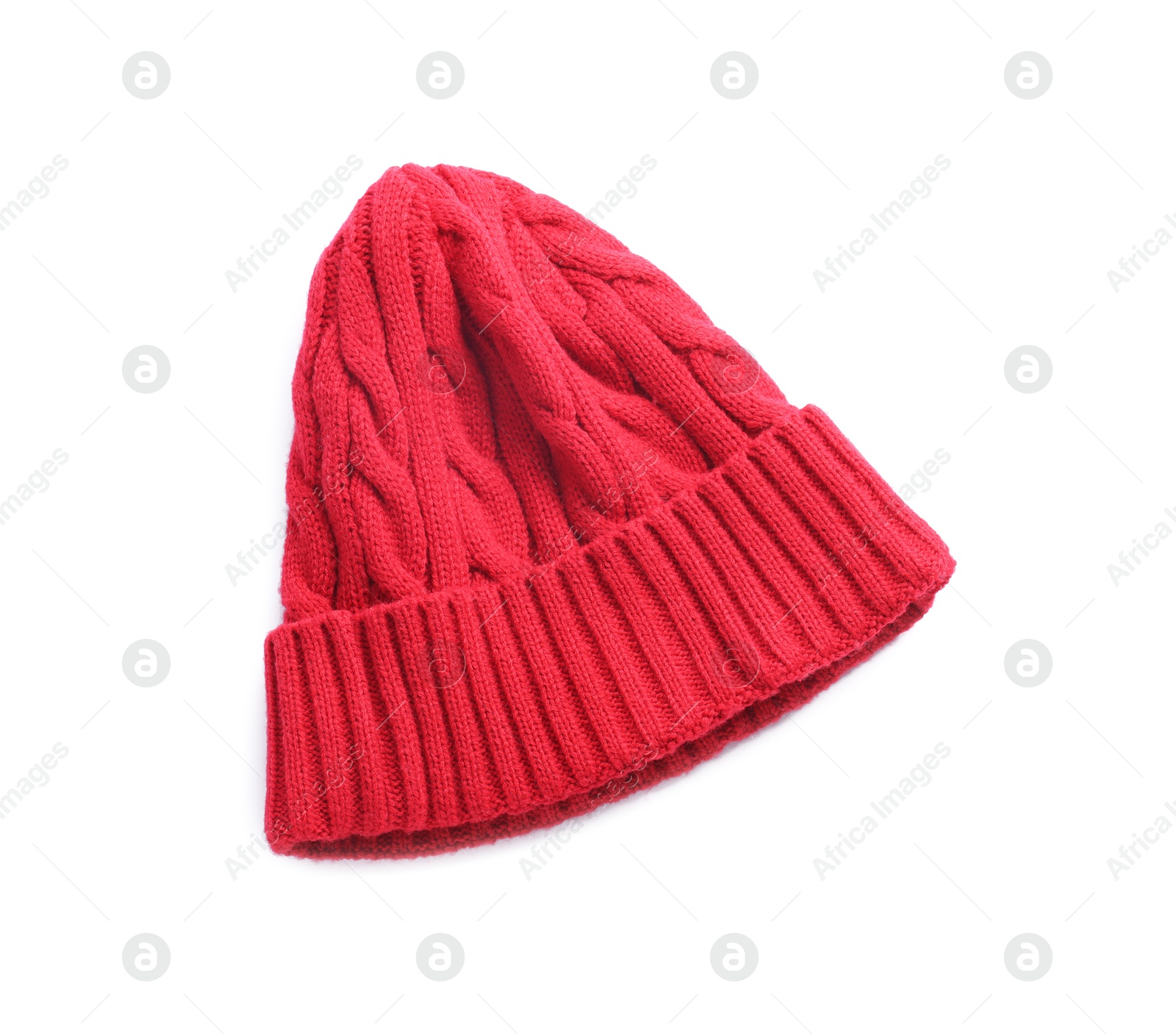 Red wool hat isolated on white, top view Photo of Red wool hat isolated on white, top view