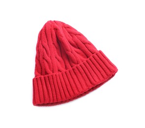 Photo of Red wool hat isolated on white, top view