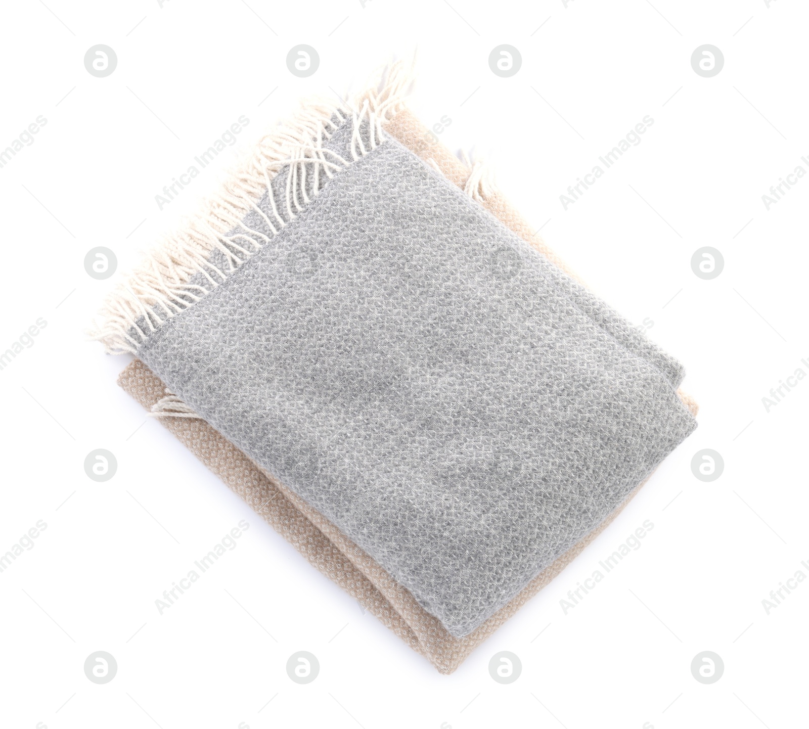 Two different wool scarves isolated on white, top view Photo of Two different wool scarves isolated on white, top view