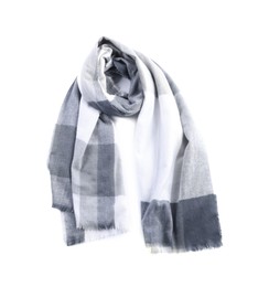 Photo of Checkered gray wool scarf isolated on white, top view